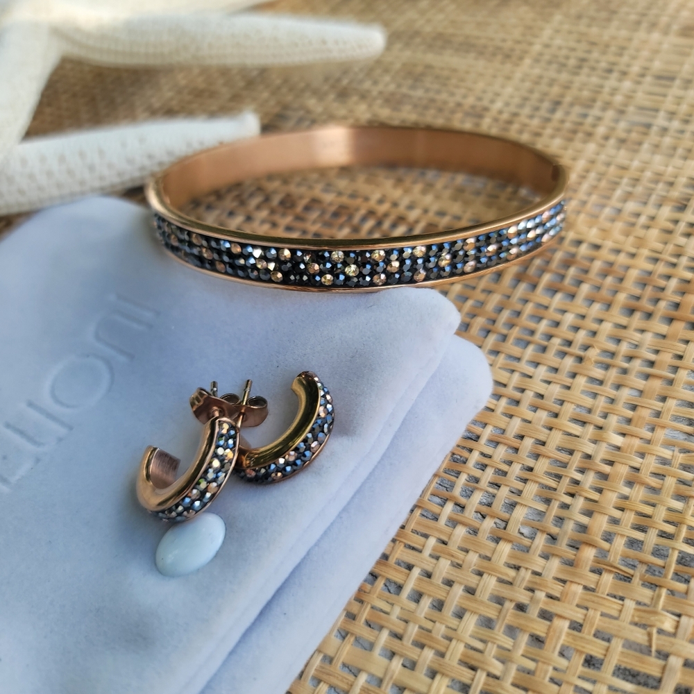Artelioni Stainless steel Rose color and Marcasite Bangle/Bracelet Earrings Set